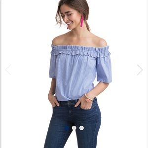 Vineyard Vines Off the Shoulder Poplin Stripe Top